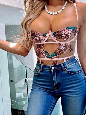 Pink lace floral flowers sheer lingerie bra bodysuit teddy top